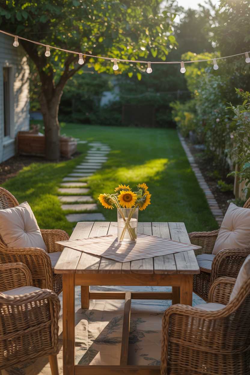 25 Cozy Patio Ideas to Create a Warm, Inviting Outdoor Space 20 Rustic wooden table with checkered tablecloth and sunflowers, wicker chairs with cushions, fairy lights overhead