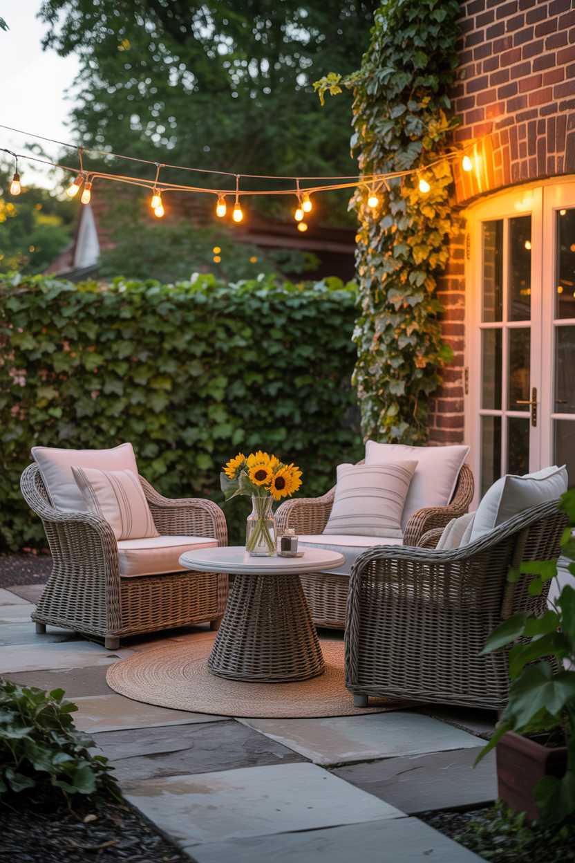 25 Cozy Patio Ideas to Create a Warm, Inviting Outdoor Space 21 Wicker furniture around circular table with sunflower bouquet on flagstone pavers, ivy-covered brick wall