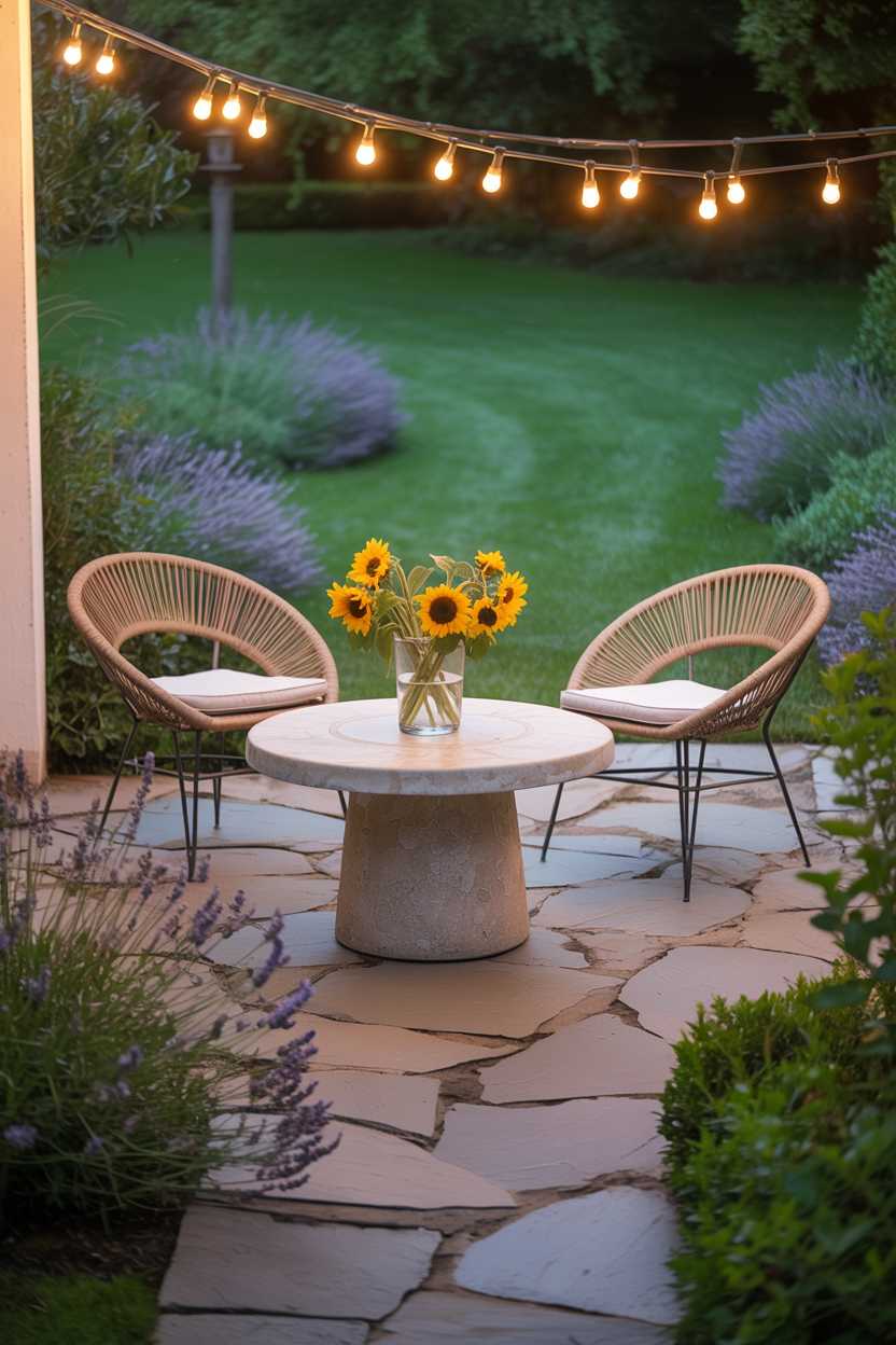 25 Cozy Patio Ideas to Create a Warm, Inviting Outdoor Space 22 Circular stone table with sunflowers between woven chairs on flagstone patio extending to lavender-dotted lawn