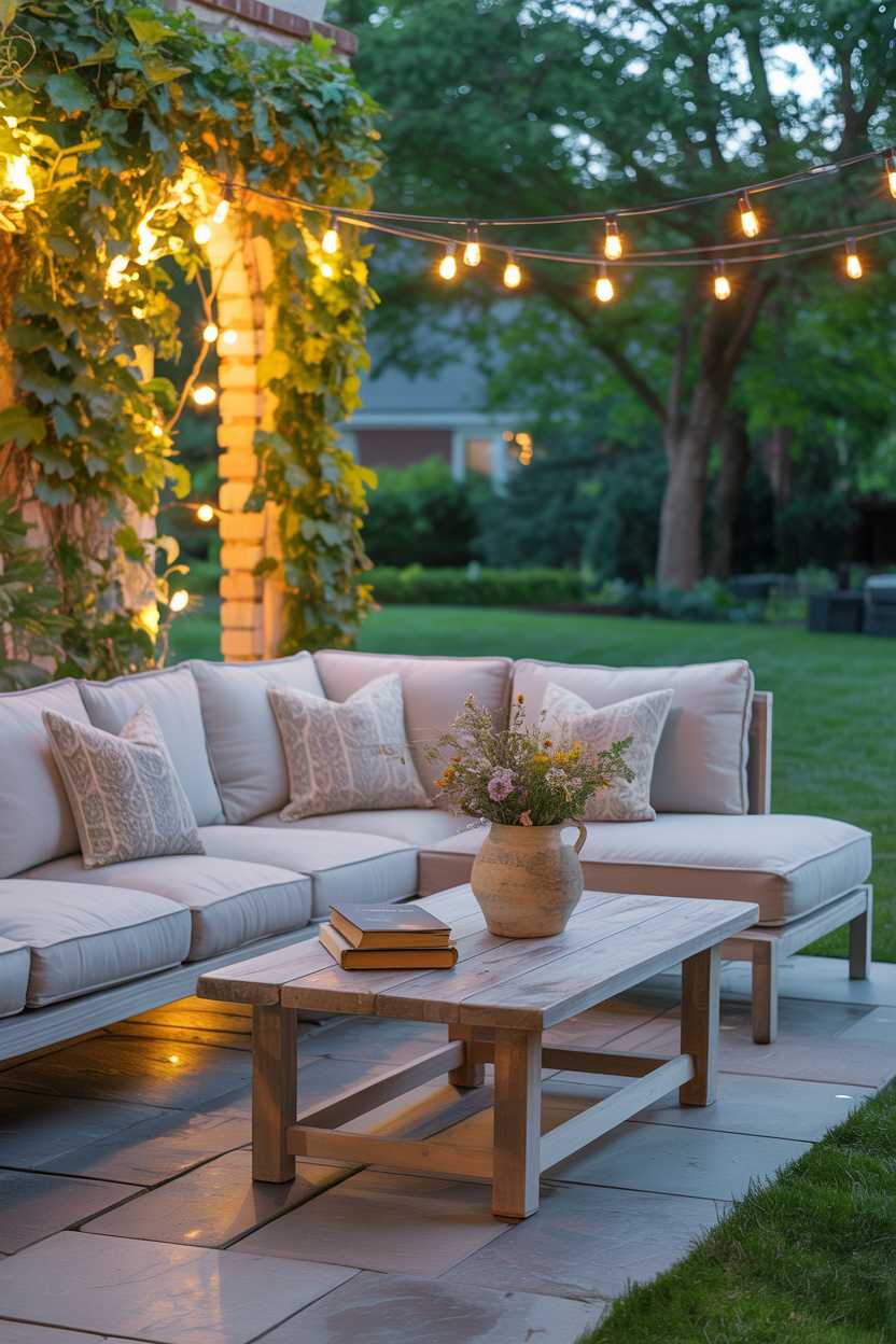 25 Cozy Patio Ideas to Create a Warm, Inviting Outdoor Space 23 Light gray sectional sofa with patterned pillows on stone patio, wooden coffee table with wildflower bouquet