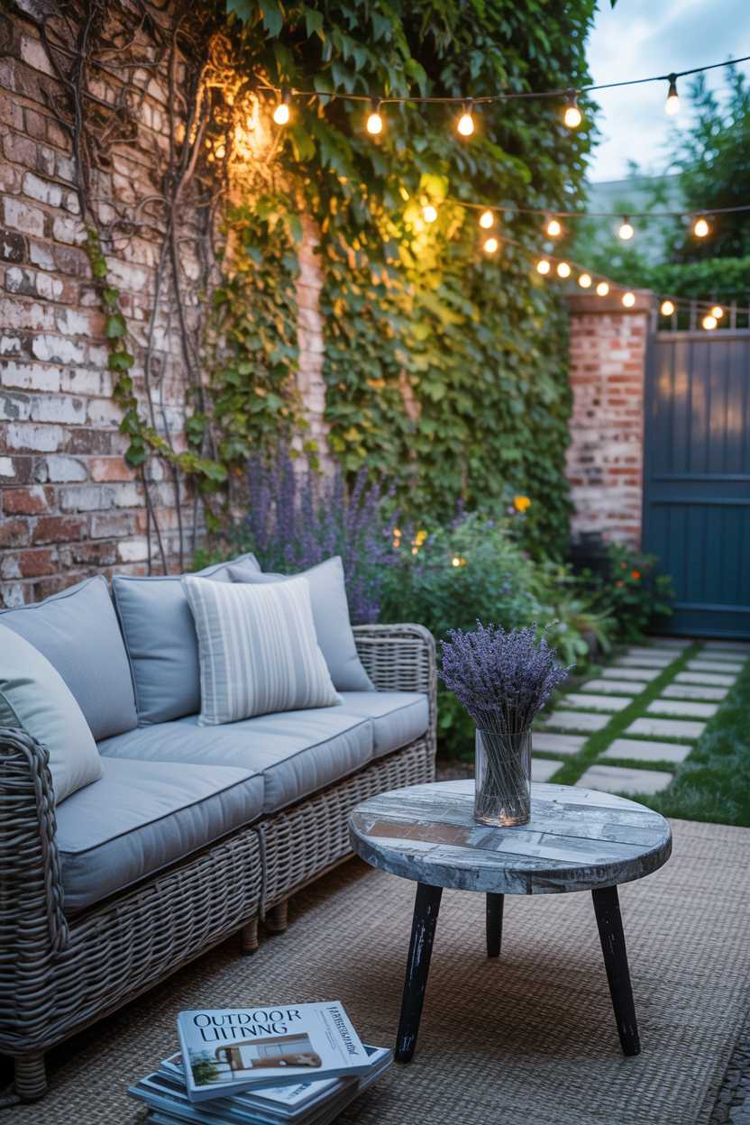 25 Cozy Patio Ideas to Create a Warm, Inviting Outdoor Space 24 Wicker sofa with gray cushions, reclaimed wood coffee table with lavender and design magazines