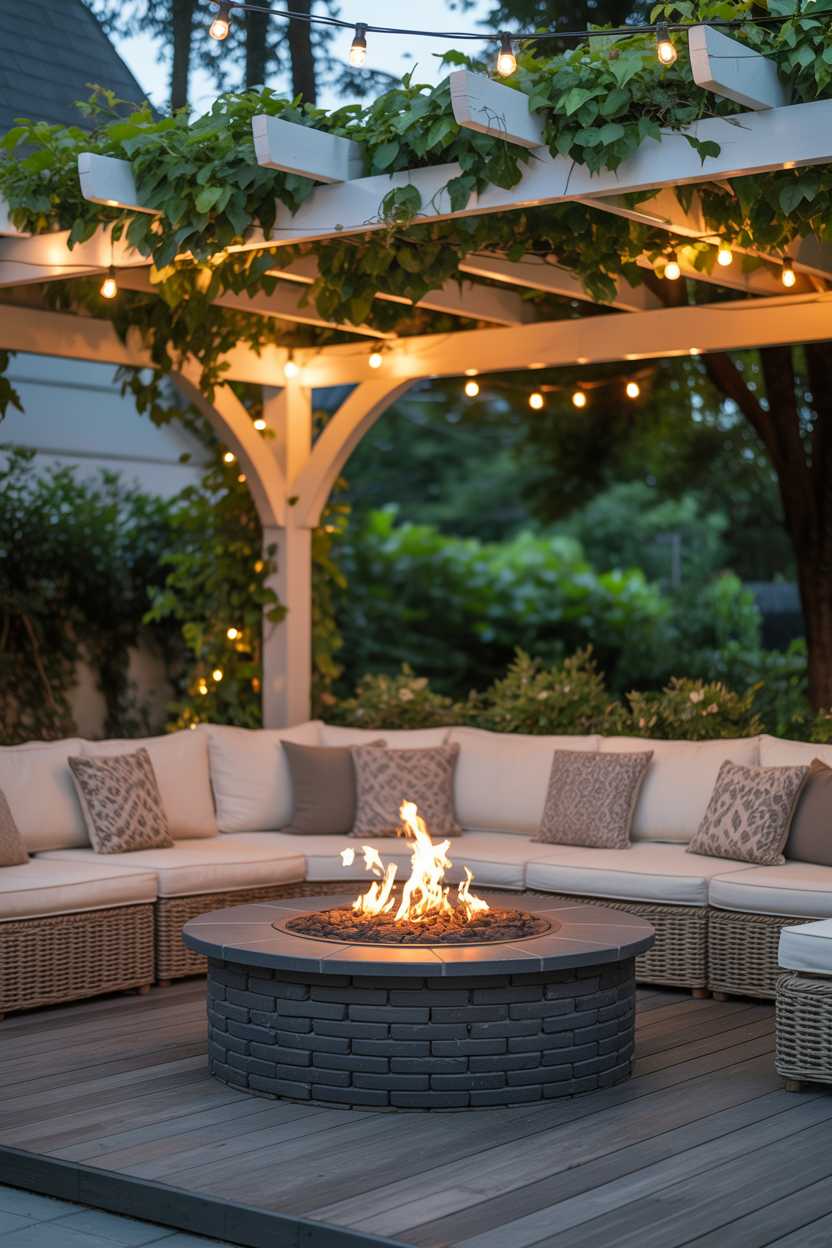 25 Cozy Patio Ideas to Create a Warm, Inviting Outdoor Space 25 Dark gray stone fire pit surrounded by cream woven seating with patterned pillows under jasmine pergola