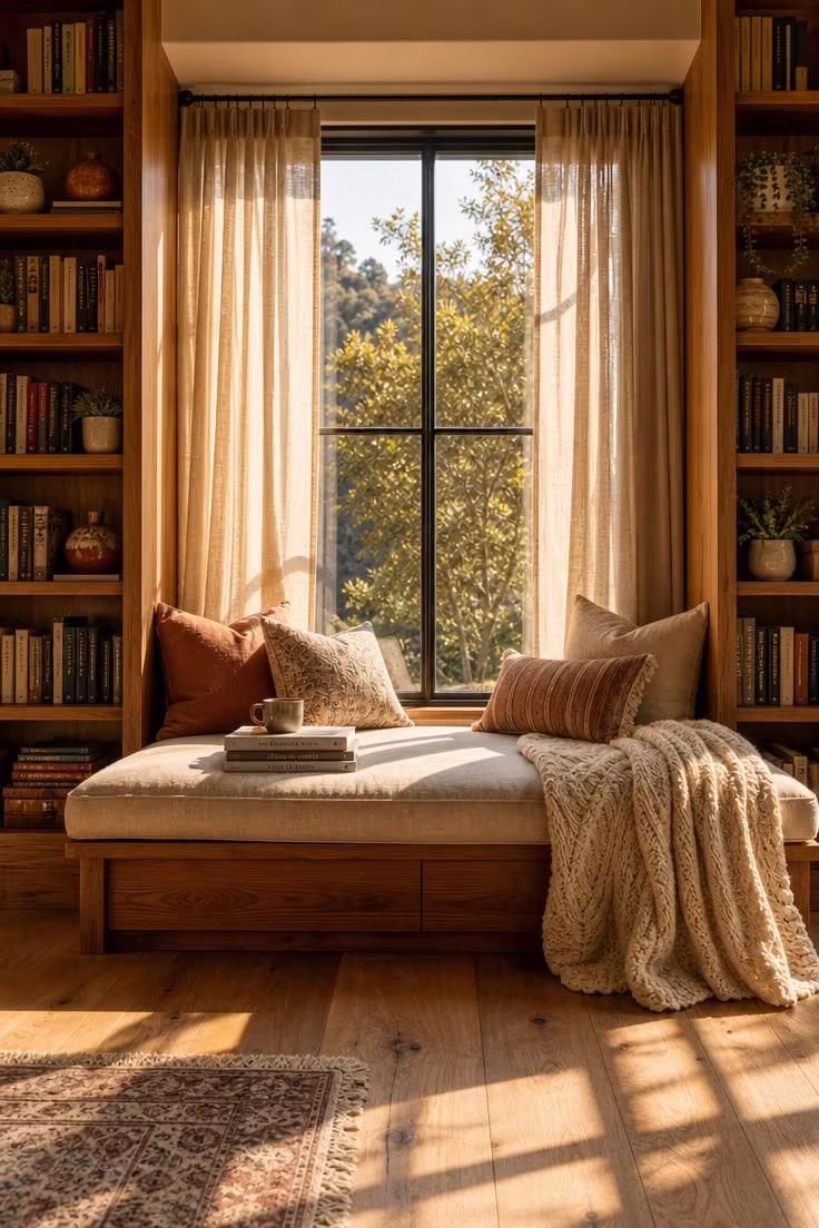 15 Cozy Reading Nook Ideas That Feel Like a Warm Hug 1 A linen-cushioned window bench flanked by cedar bookshelves, bathed in warm golden afternoon light with a knit throw and stoneware mug.