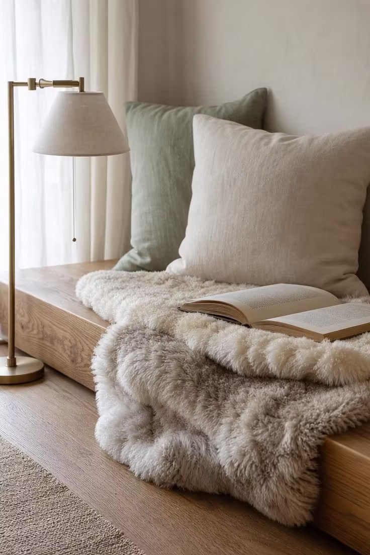 15 Cozy Reading Nook Ideas That Feel Like a Warm Hug 2 Close-up of sheepskin throws layered on a low oak platform reading nook with linen pillows and a brass floor lamp in soft diffused light.