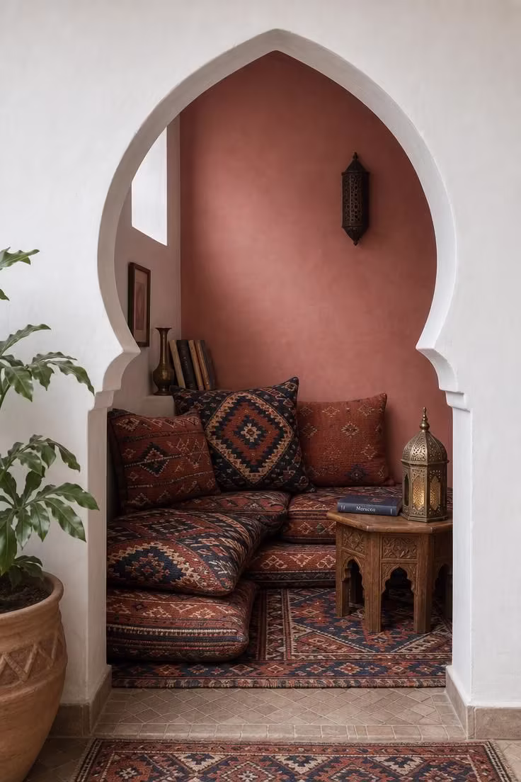 15 Cozy Reading Nook Ideas That Feel Like a Warm Hug 3 Eye-level view into a Moroccan arch alcove reading nook with kilim floor cushions in terracotta and indigo, lit by cool cloud-filtered light.
