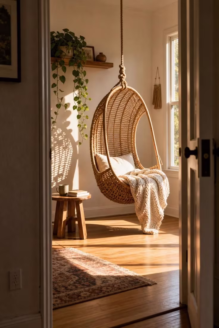 15 Cozy Reading Nook Ideas That Feel Like a Warm Hug 4 A woven rattan hanging chair with a chunky cream knit blanket seen from a doorway, bathed in warm golden afternoon light with trailing pothos.