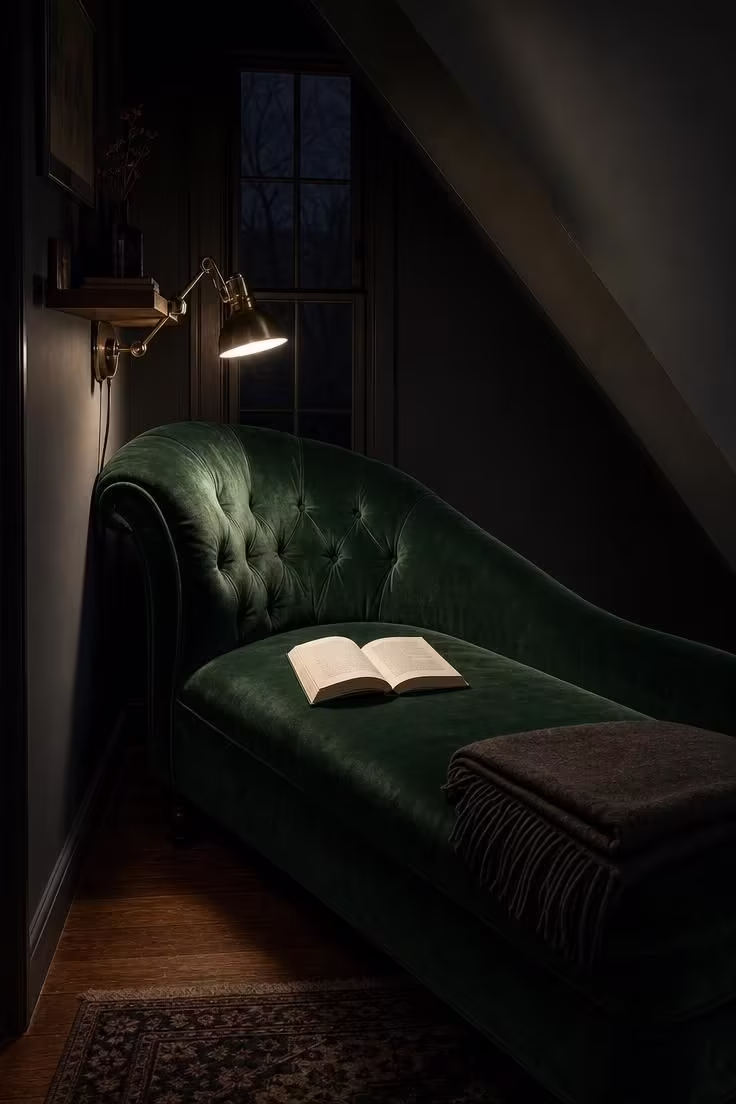 15 Cozy Reading Nook Ideas That Feel Like a Warm Hug 5 Close-up of an emerald green velvet chaise in a dormer niche with a brass clip-on reading lamp and moody low evening light.
