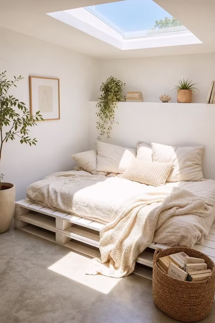 15 Cozy Reading Nook Ideas That Feel Like a Warm Hug 6 A whitewashed pallet daybed under a skylight with bright midday sun, cream linen bedding, and a seagrass basket of books.