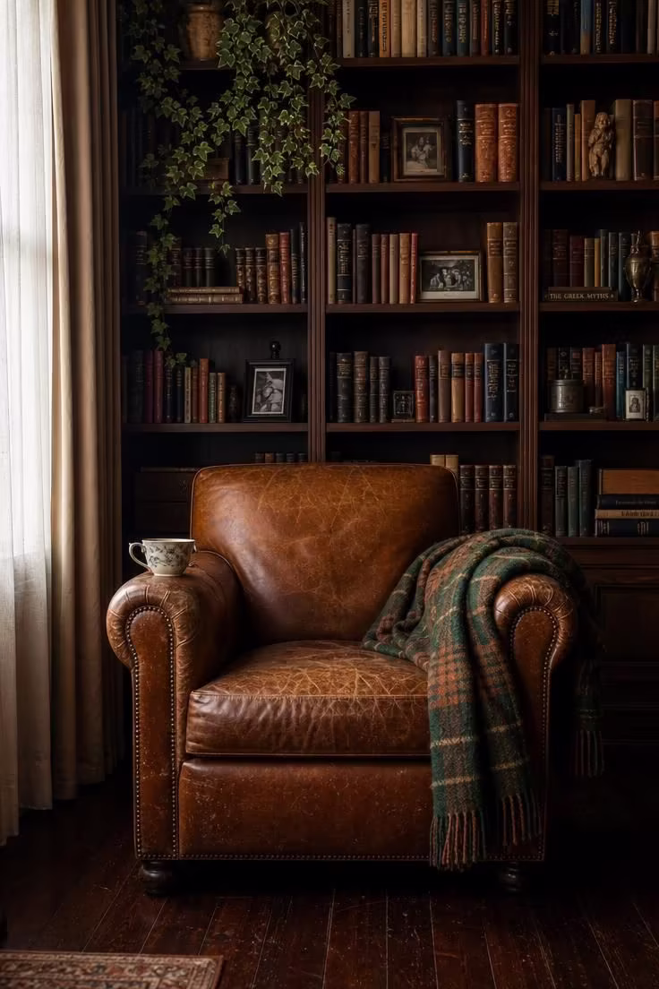 15 Cozy Reading Nook Ideas That Feel Like a Warm Hug 7 A cognac leather armchair framed by dark walnut floor-to-ceiling bookshelves with soft diffused light and a plaid wool throw.