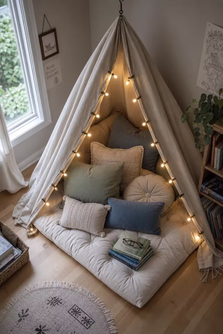 15 Cozy Reading Nook Ideas That Feel Like a Warm Hug 8 Overhead view of a canvas canopy reading nook with floor cushions, string lights, and books on a mattress pad in cool daylight.