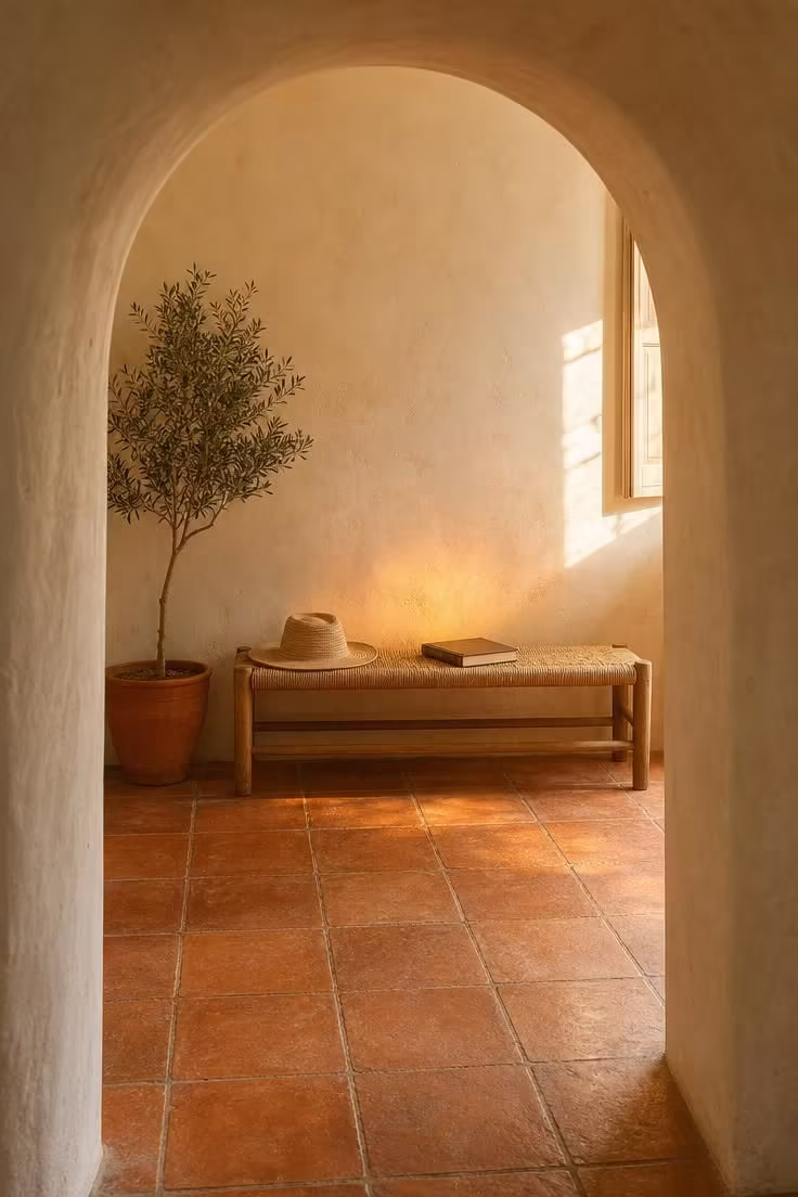 15 Cozy Reading Nook Ideas That Feel Like a Warm Hug 9 A cane bench under a plaster archway on terracotta tiles with warm golden light, a straw hat, and a potted olive tree.