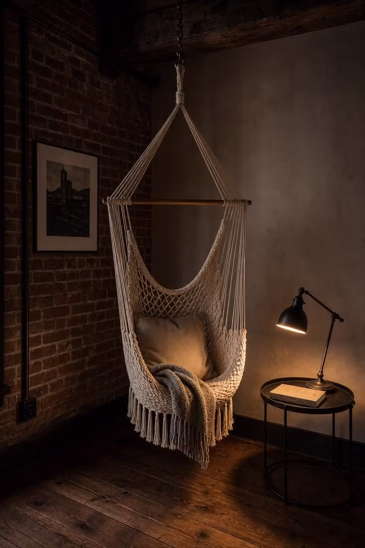15 Cozy Reading Nook Ideas That Feel Like a Warm Hug 10 A macramé hammock chair hanging from a reclaimed wood beam with a moody reading lamp, exposed brick, and dark stained pine floor.