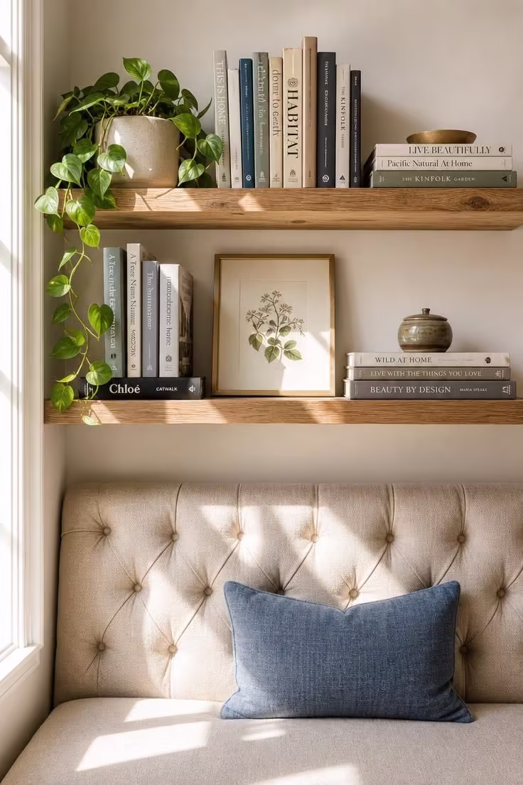 15 Cozy Reading Nook Ideas That Feel Like a Warm Hug 11 Close-up of pine floating shelves with books and a trailing pothos above a tufted oat linen banquette in bright midday light.