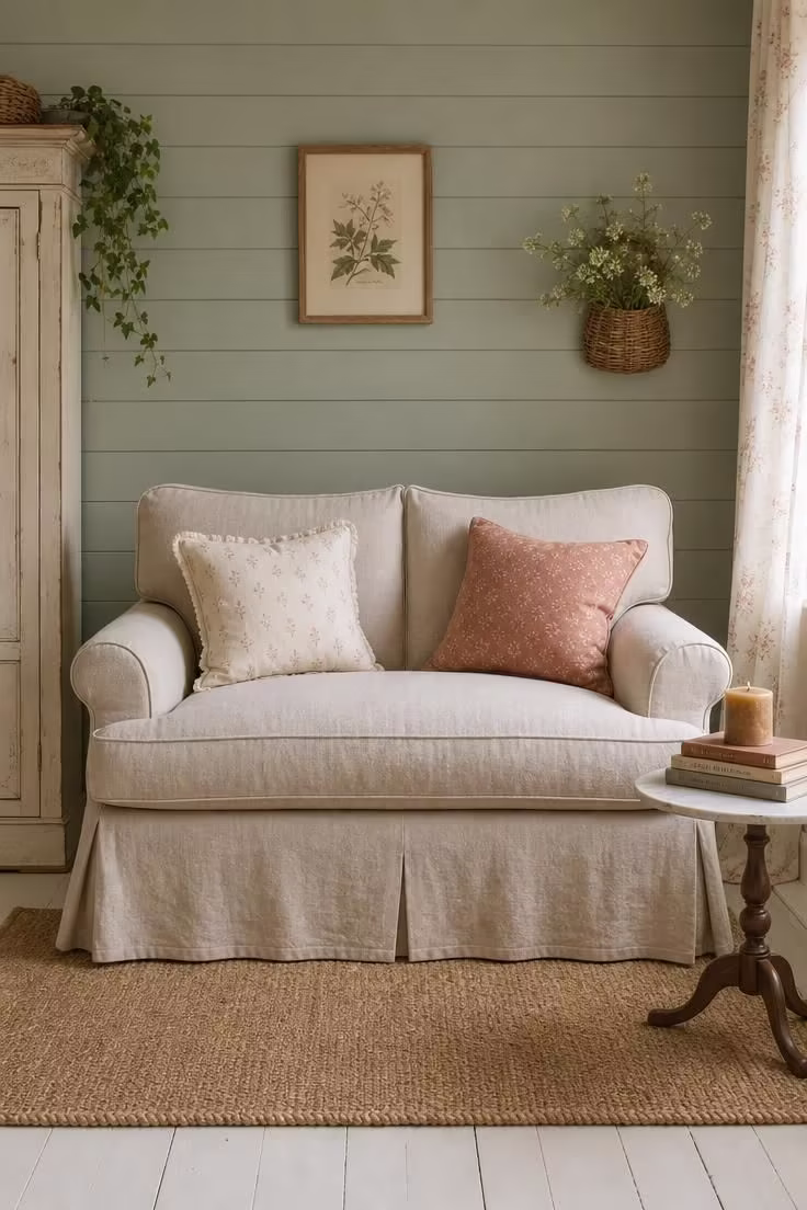 15 Cozy Reading Nook Ideas That Feel Like a Warm Hug 12 A skirted linen loveseat against sage green shiplap walls with a marble side table, jute rug, and soft diffused light.
