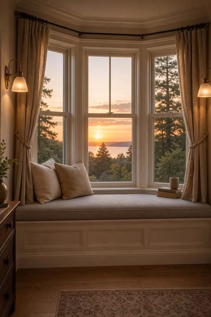 15 Cozy Reading Nook Ideas That Feel Like a Warm Hug 14 A cushioned bay window seat with brass sconces, dove gray linen upholstery, and warm golden sunset light through three panels.