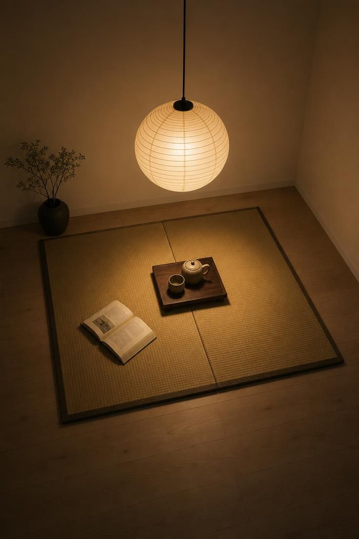 15 Cozy Reading Nook Ideas That Feel Like a Warm Hug 15 Overhead view of a tatami mat corner with a paper lantern pendant, ceramic teapot on a wooden tray, and moody low evening light.