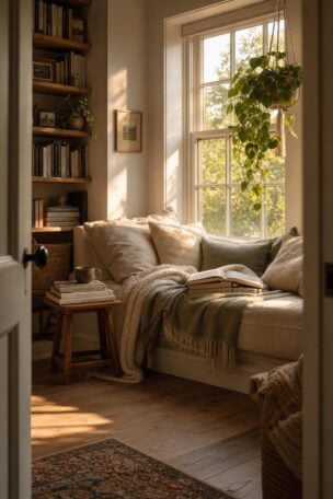 15 Cozy Reading Nook Ideas That Feel Like a Warm Hug 13 A deeply cushioned window seat reading nook piled with linen throws and books, bathed in warm golden afternoon light with a trailing plant.