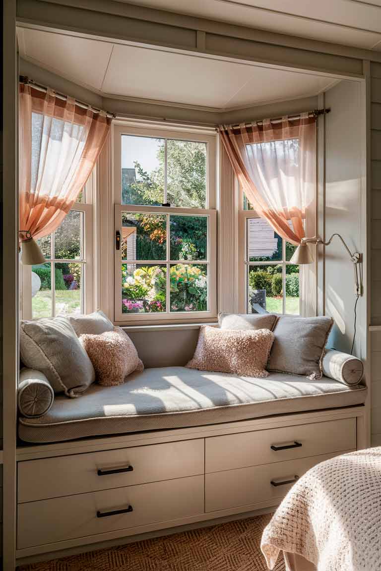 A tiny bedroom featuring a charming window seat. The seat is built into a bay window, with cushions and pillows in soft, complementary colors. Drawers are visible beneath the seat for added storage. A small adjustable reading lamp is mounted on the wall next to the seat. The window offers a view of a garden, and sheer curtains filter the natural light.