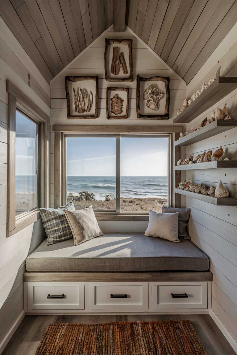 A cozy tiny house reading nook, featuring a large window overlooking the ocean and adorned with driftwood-framed art pieces and a collection of seashells displayed on floating shelves.