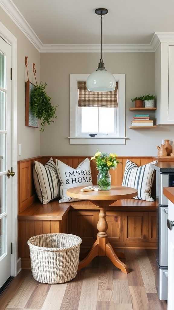 Cozy breakfast nook with a wooden bench, colorful cushions, and a small table