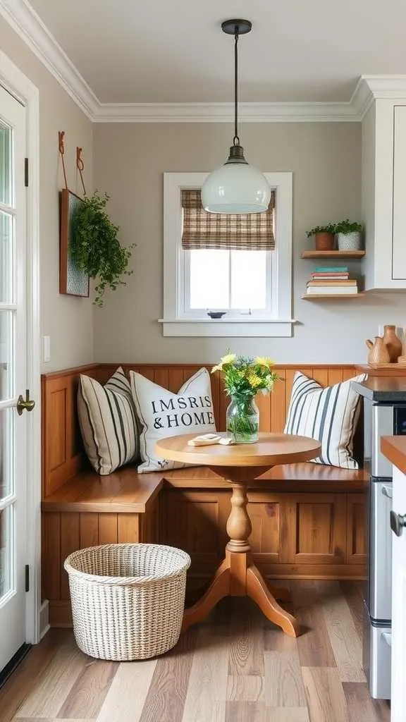 21 Old Farmhouse Kitchen Ideas For A Cozy, Rustic Look 3 Cozy breakfast nook with a wooden bench, colorful cushions, and a small table