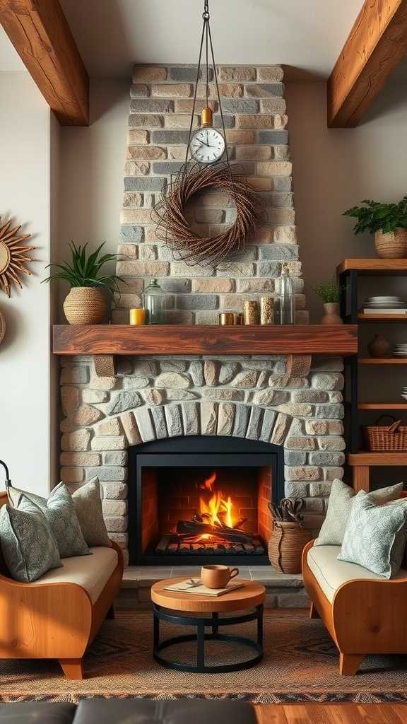 A cozy fireplace space featuring a stone hearth, wooden mantel, and comfortable seating.