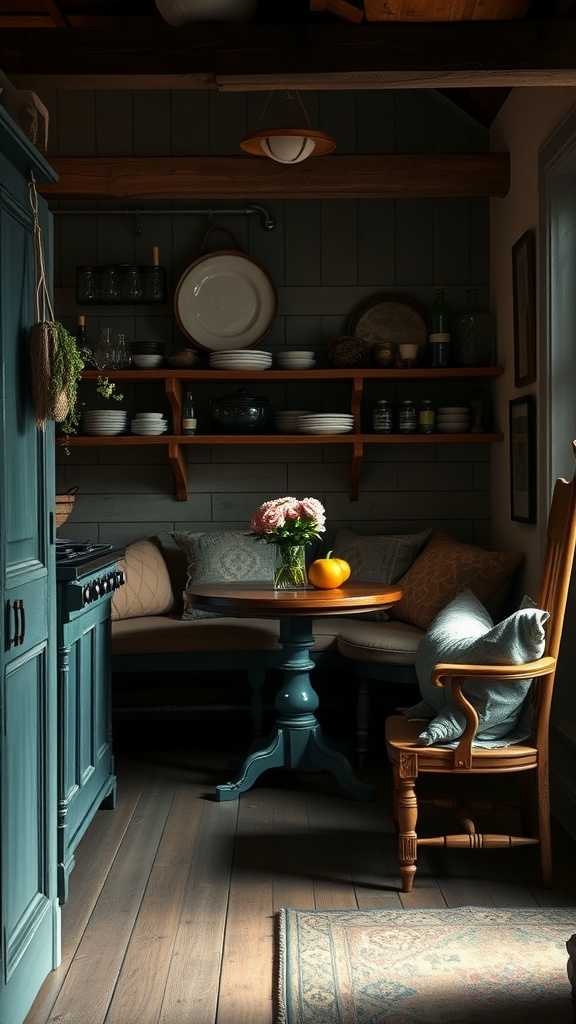 A cozy nook in a moody farmhouse kitchen featuring vintage furniture, a round wooden table, and potted plants.