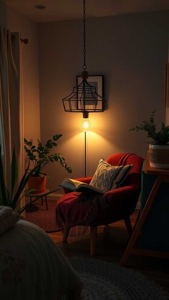 Cozy reading nook with a red chair, a book, and warm lighting