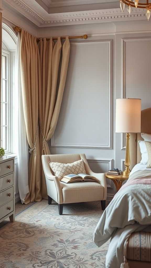 Cozy reading nook in an elegant bedroom with a chair and book.