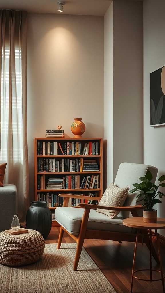 Cozy reading nook with a comfortable chair and bookshelves.