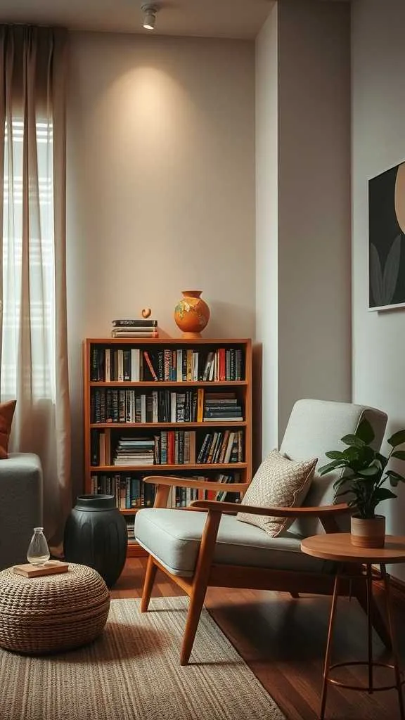 21 Japandi Living Room Design Ideas for a Cozy, Stylish Home 18 Cozy reading nook with a comfortable chair and bookshelves.