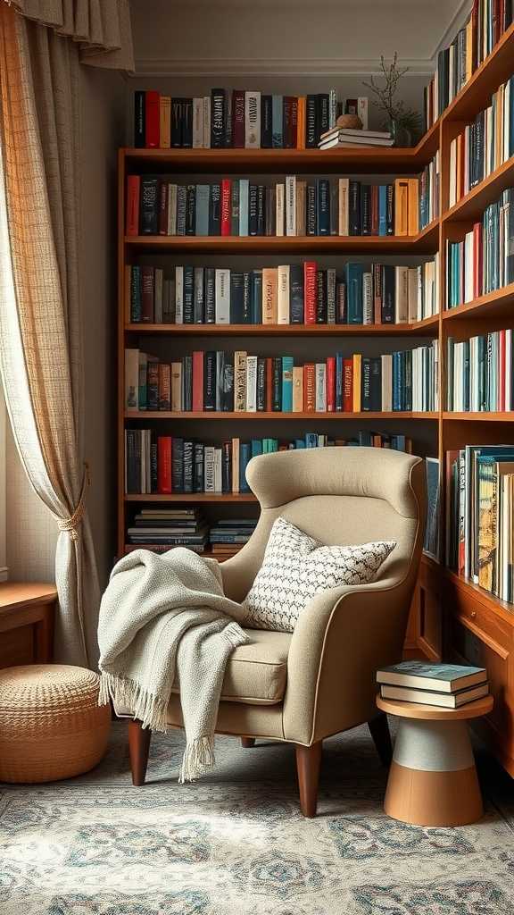 Cozy reading nook with a comfortable chair and bookshelves filled with books.