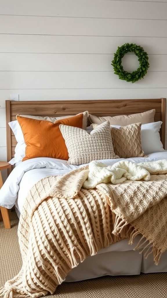 A rustic farmhouse bedroom with cozy textiles and layered bedding, featuring warm colors and a green wreath.