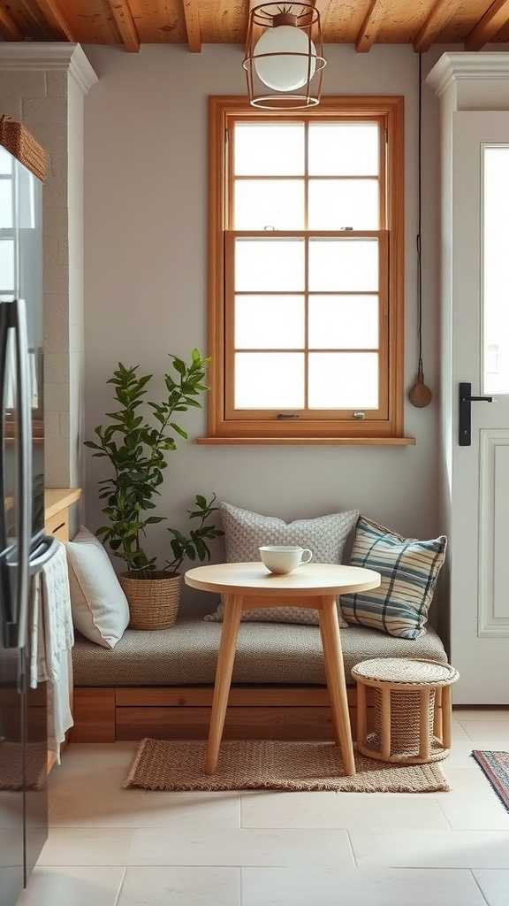 Cozy nook in a kitchen with a window, small table, cushions, and plants.