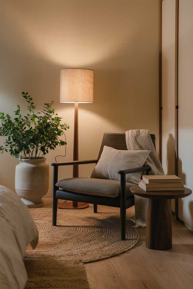 A corner of a Japandi bedroom featuring a reading nook. There's a low, dark wood armchair with clean lines, paired with a small round side table. A floor lamp with a wooden base and paper shade provides focused lighting. A soft throw blanket is draped over the chair, adding to the cozy feel.