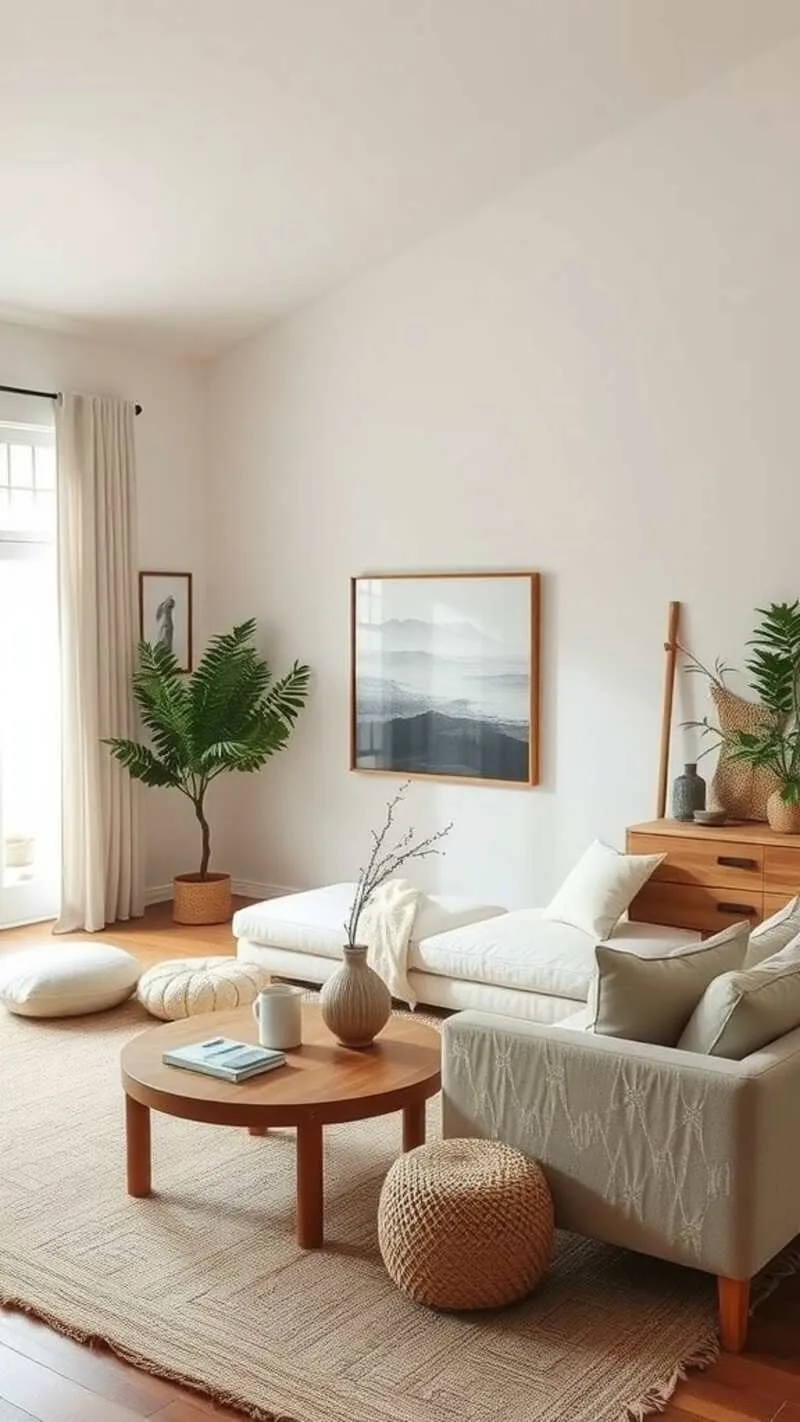 19 Wabi-Sabi Living Room Ideas for a Cozy & Timeless Space 19 Cozy wabi-sabi living room featuring light wood furniture and plants.