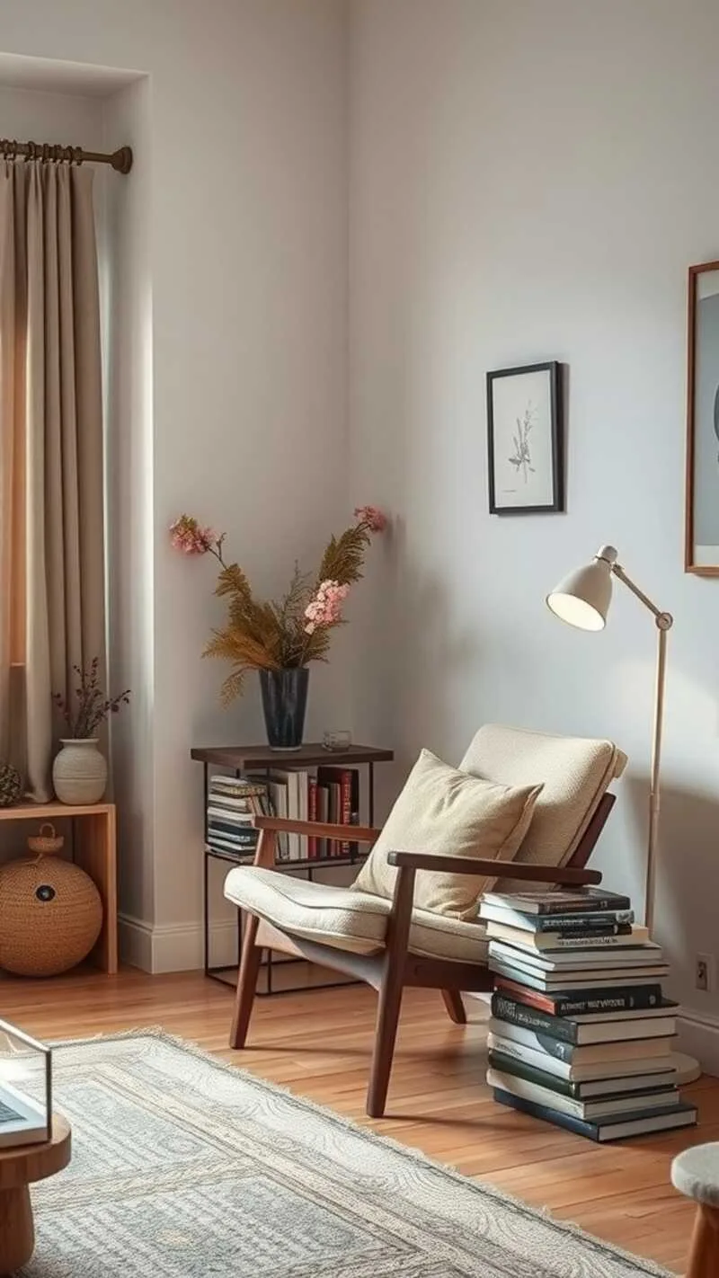 19 Wabi-Sabi Living Room Ideas for a Cozy & Timeless Space 15 A cozy nook in a living room featuring a comfortable chair, books, and decorative elements.