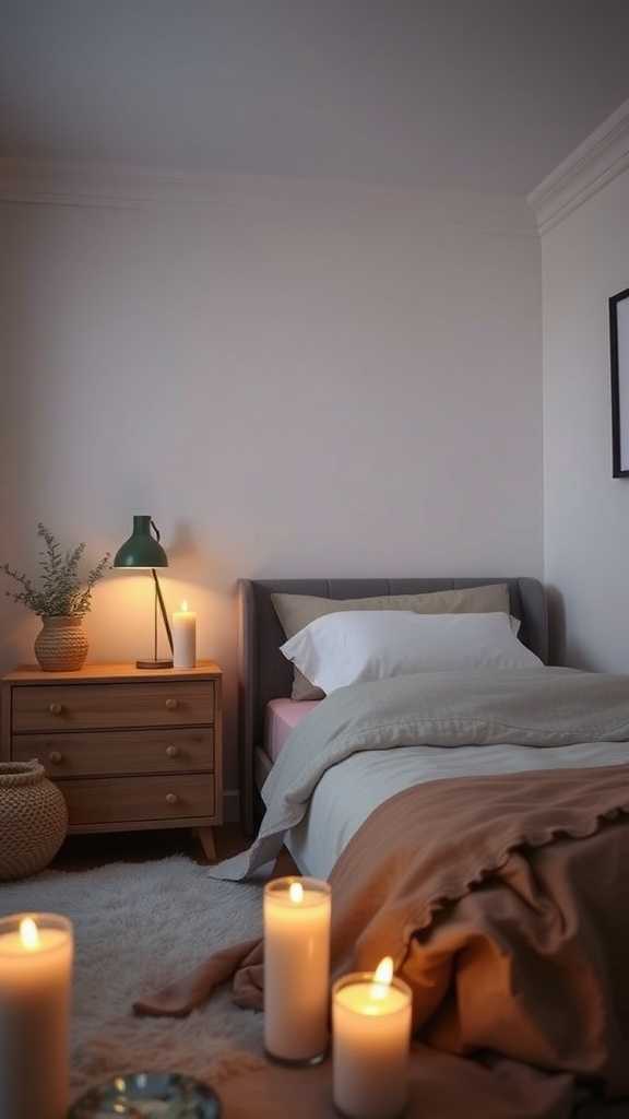 Cozy small bedroom with candles and soft lighting