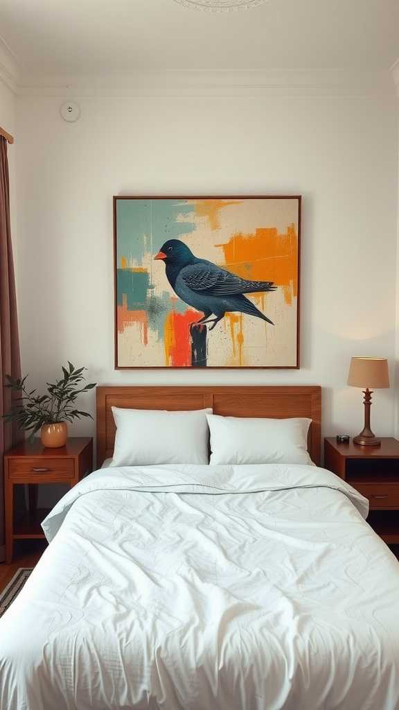 A cozy small bedroom featuring a colorful bird painting as a focal point above the bed.