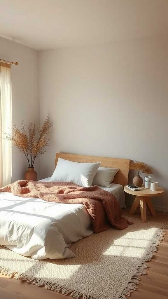 A minimalist bedroom featuring a wooden bed frame, cozy blanket, and natural light.