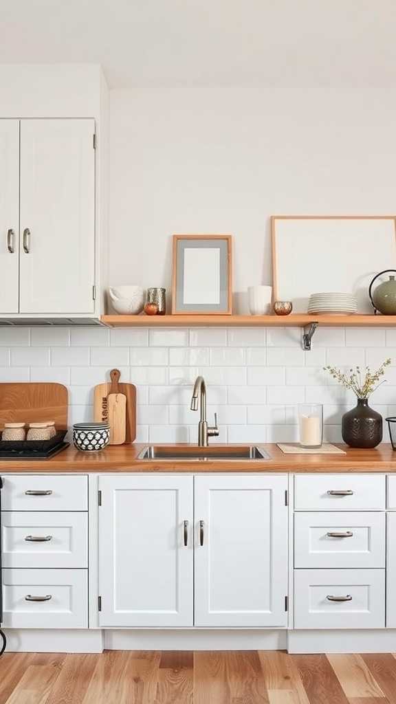 A minimalist kitchen showcasing elements of wabi-sabi design with a balanced layout.