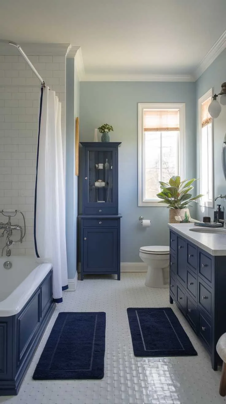 A navy blue themed bathroom featuring a bathtub, sink, and storage cabinet, along with natural light from windows.