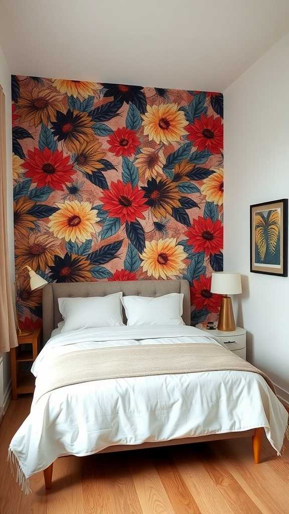 A cozy bedroom featuring a colorful floral wallpaper accent wall.