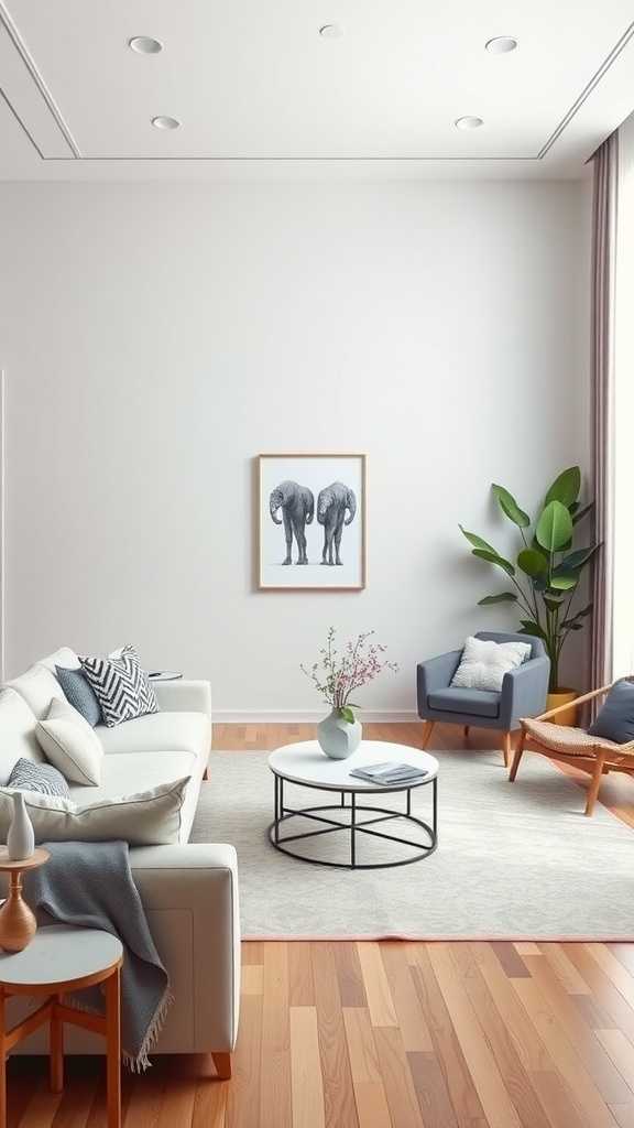 A modern minimalist living room featuring a neutral color palette, a comfortable sofa, and decorative plants.