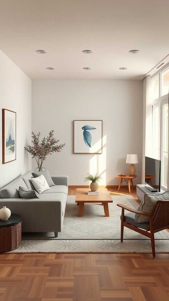 A cozy japandi style living room with a gray sofa, wooden coffee table, and plants, creating inviting zones.