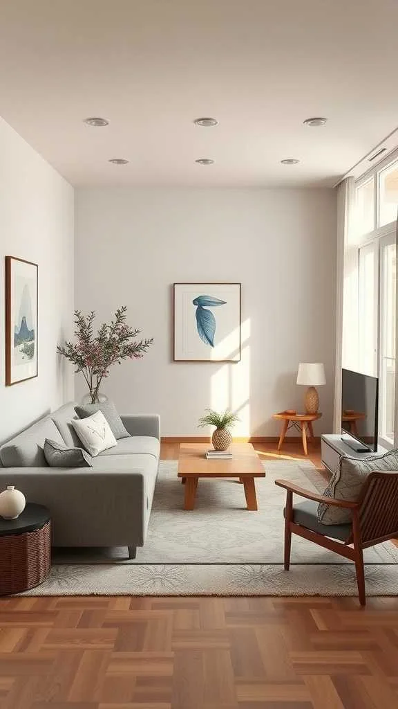 21 Japandi Living Room Design Ideas for a Cozy, Stylish Home 15 A cozy japandi style living room with a gray sofa, wooden coffee table, and plants, creating inviting zones.