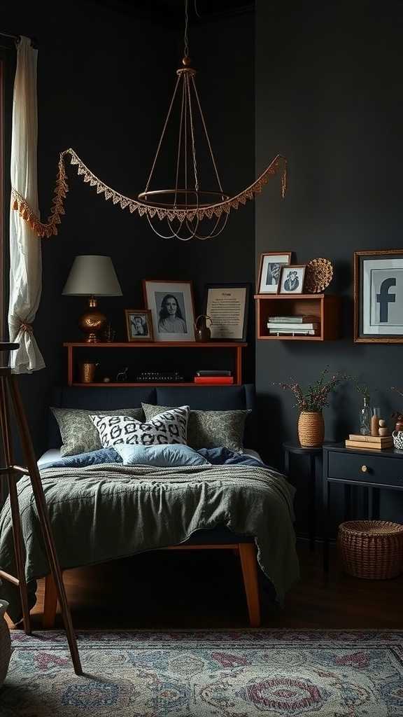 A dark boho bedroom featuring a cozy bed, decorative shelves, and warm lighting.