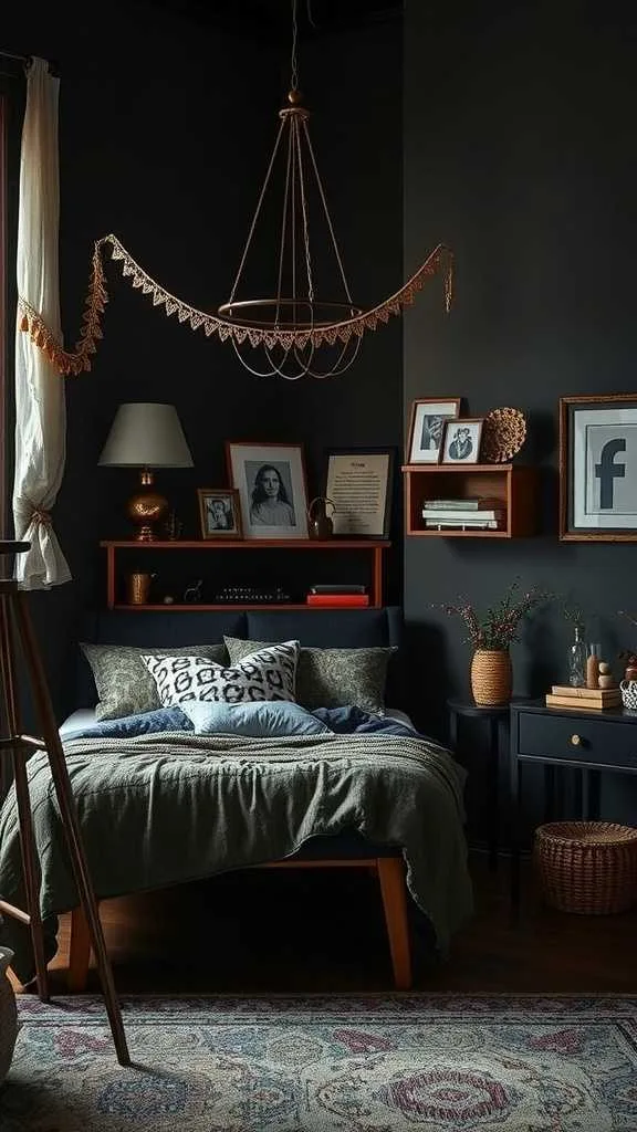 20 Unique Dark Boho Bedroom Ideas for a Bold Statement 13 A dark boho bedroom featuring a cozy bed, decorative shelves, and warm lighting.