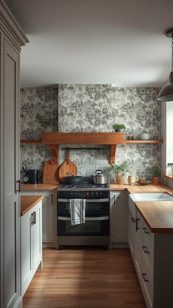 A moody farmhouse kitchen showcasing textured wallpaper with light cabinetry and wooden accents.