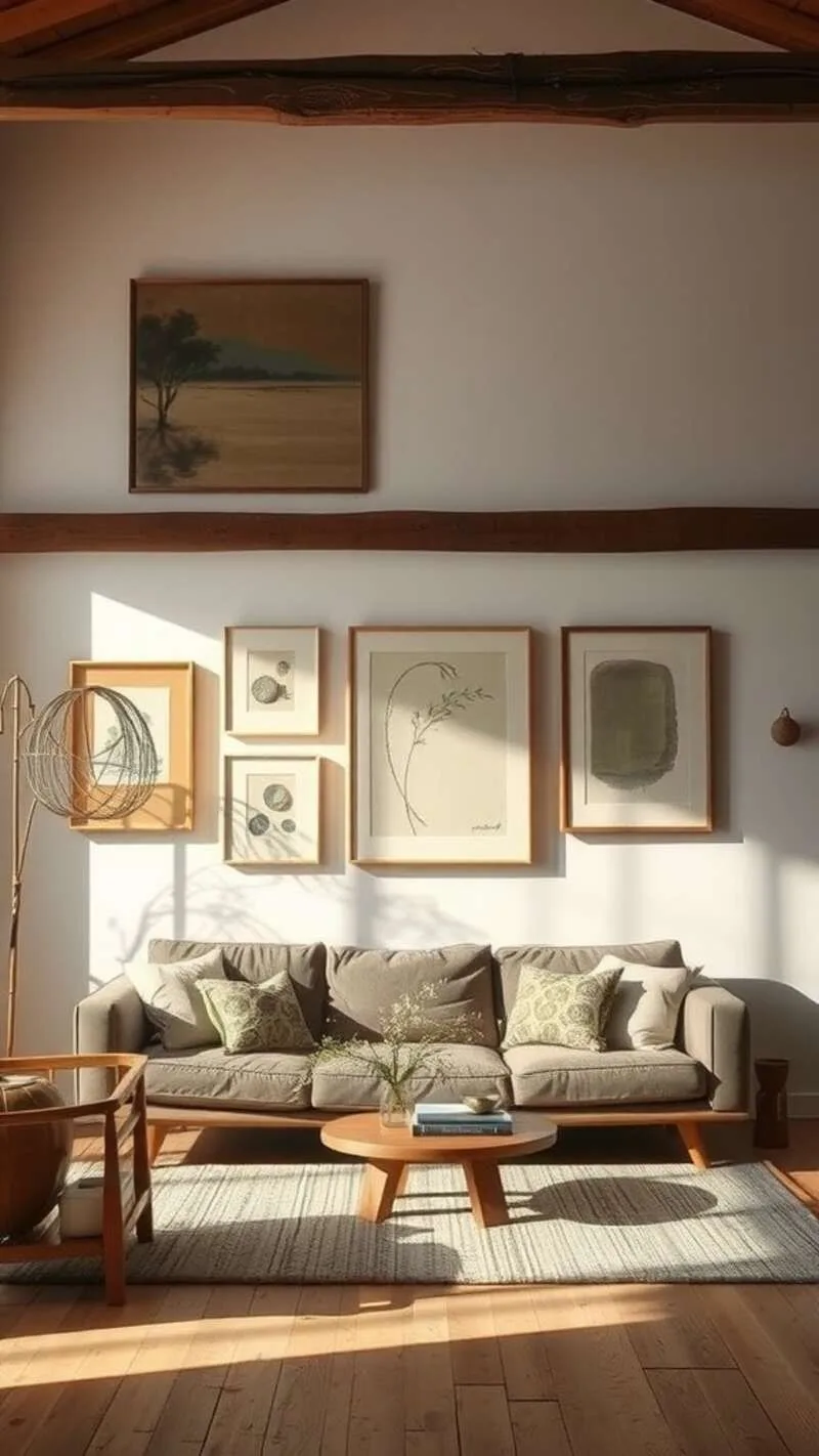 19 Wabi-Sabi Living Room Ideas for a Cozy & Timeless Space 1 A cozy living room featuring a gallery wall of curated art and a comfortable beige sofa.